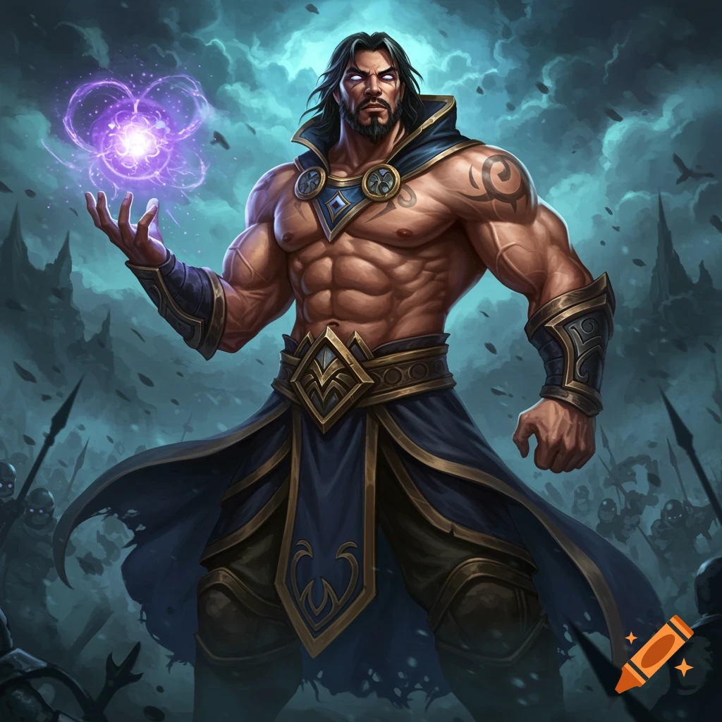 A muscular male mage holds a glowing purple orb in a fantasy battle scene.