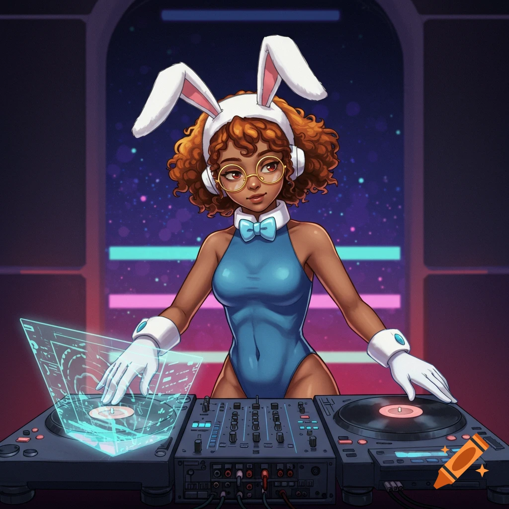 Anime style illustration of a girl in a bunny suit and glasses DJing at a holographic turntable in space.