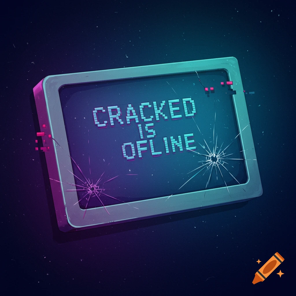 Retro image of a cracked computer screen displaying 'CRACKED IS OFFLINE'.