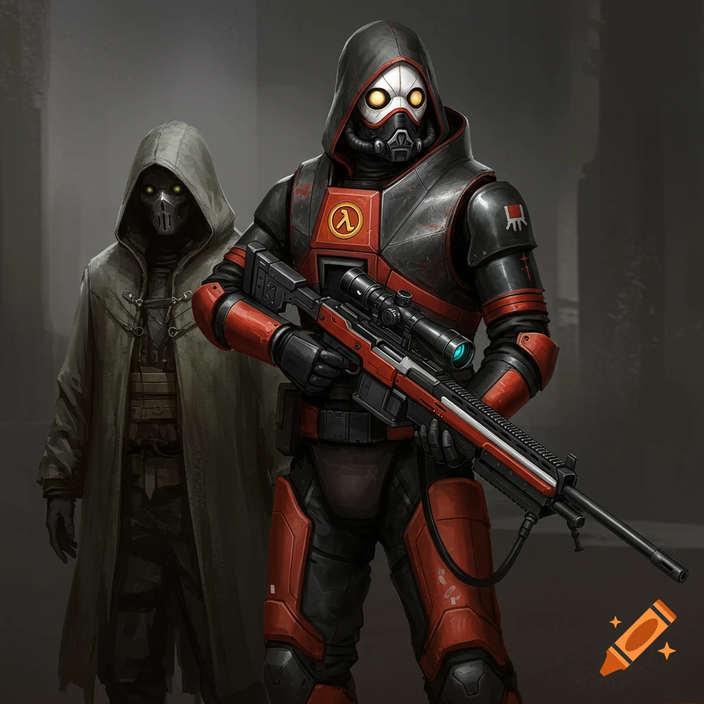 Two hooded figures in futuristic armor, one holding a sniper rifle, in a dark sci-fi setting.