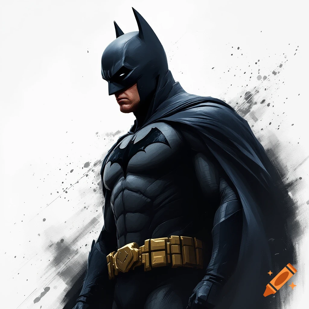 Batman standing, looking left, against a splattered background.