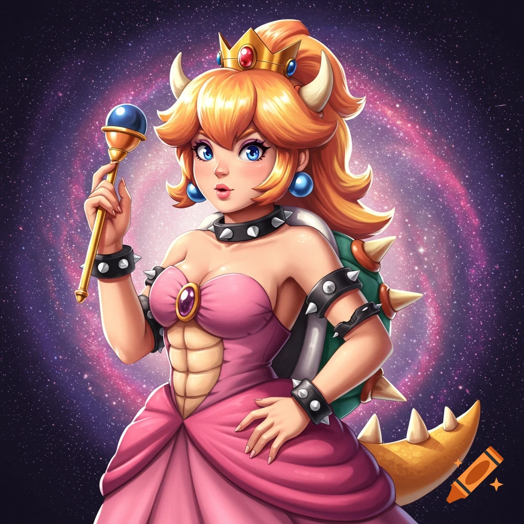 Bowsette holding a staff in front of a galaxy background.