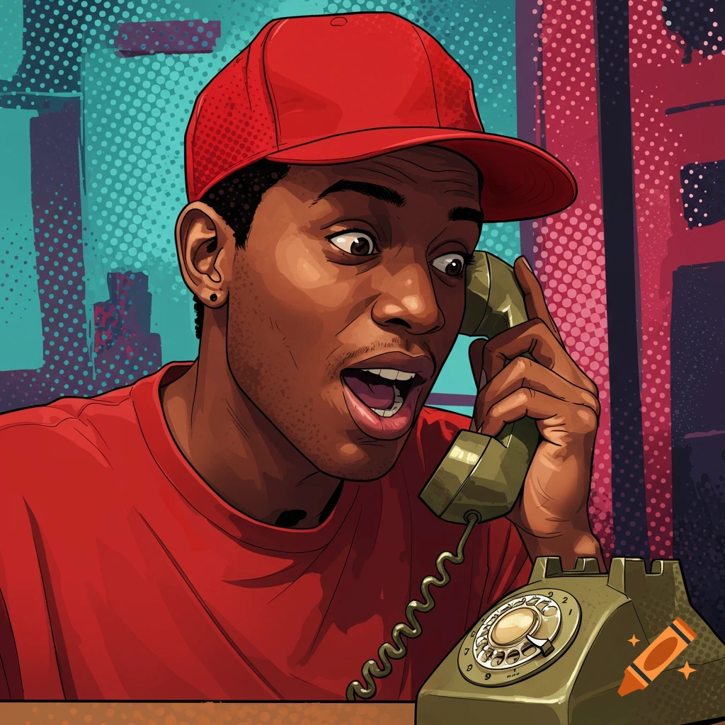 A man in a red hat talks on a rotary phone.