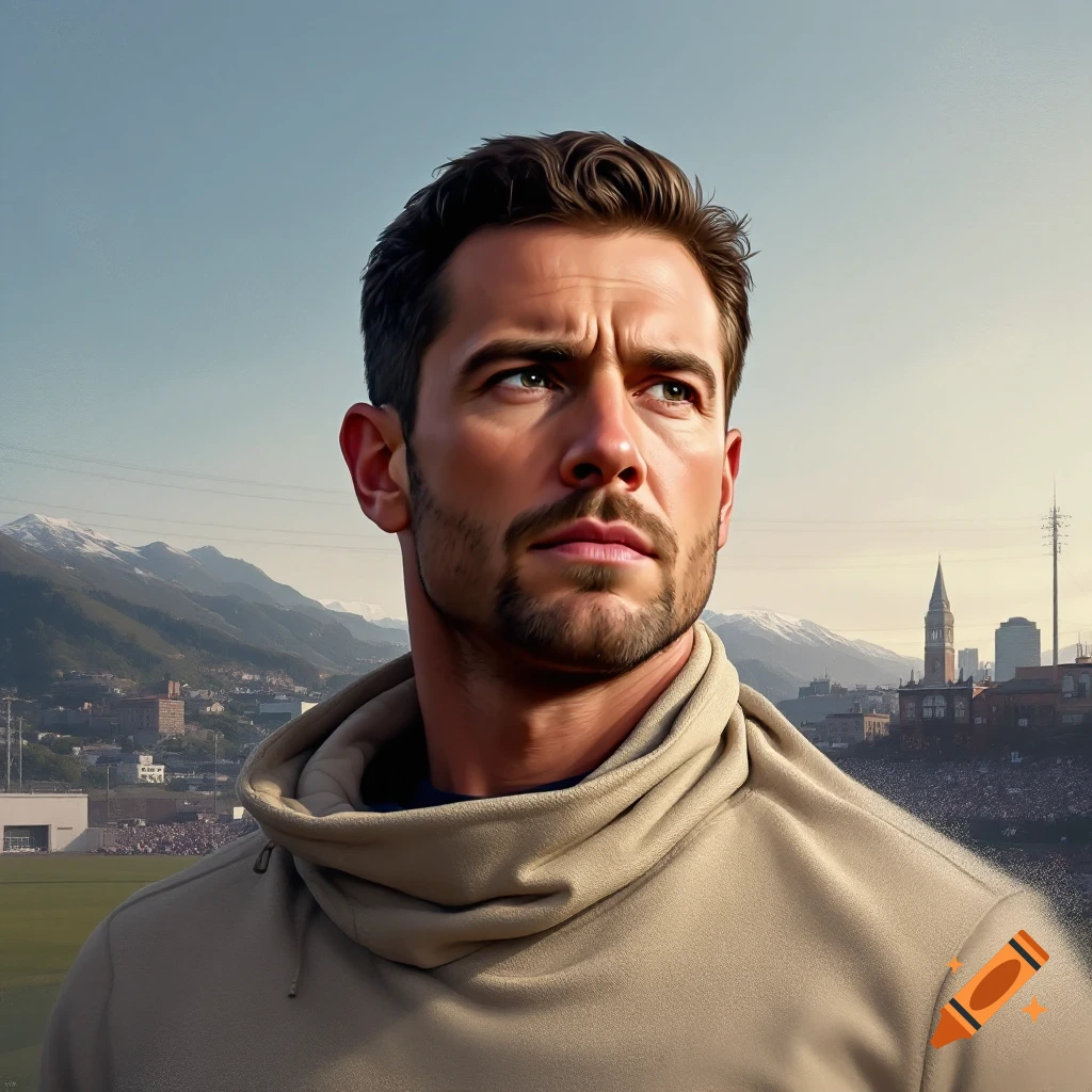 A man in a hooded shirt is shown looking away, with a stadium and mountains in the background.