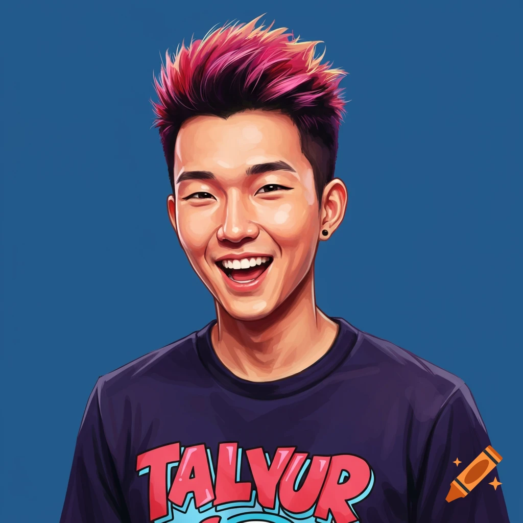 A smiling young man with spiky pink hair, wearing a t-shirt, against a blue background.