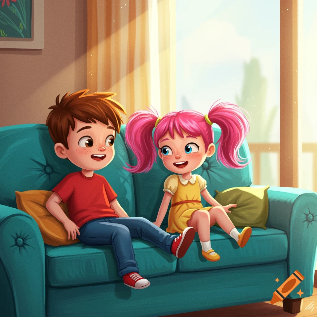 Cartoon illustration of two children sitting on a couch in a sunny living room.