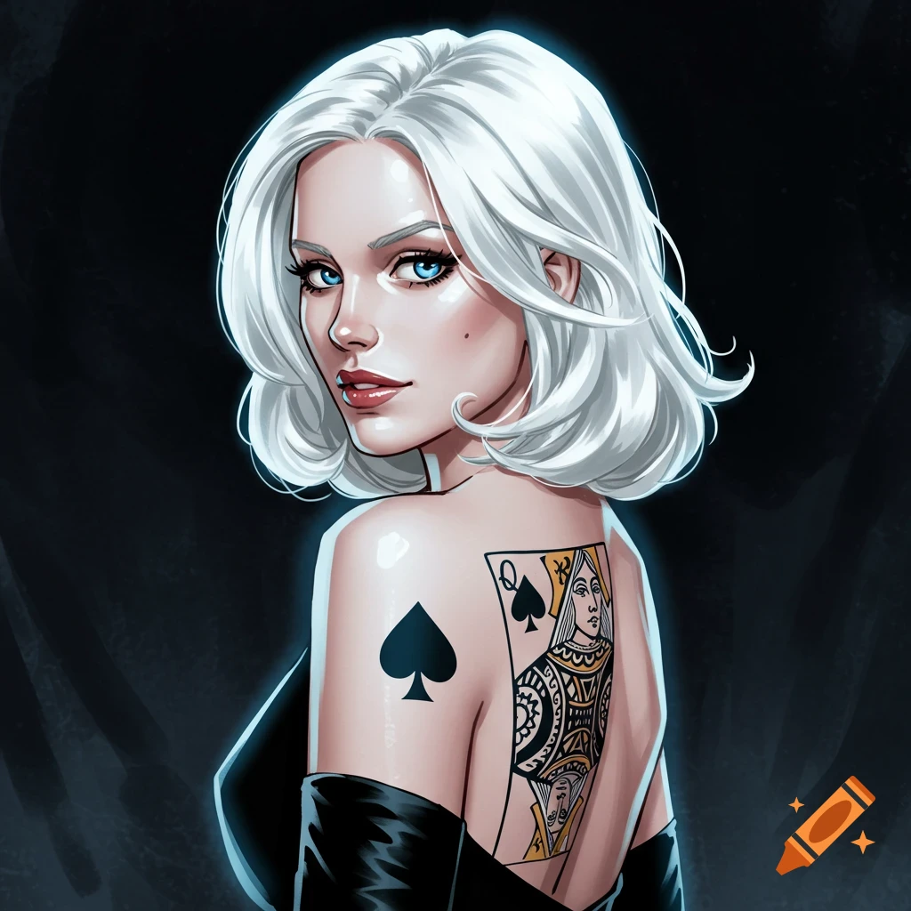 Painting of a woman with white hair and Queen of Spades tattoo on her back.