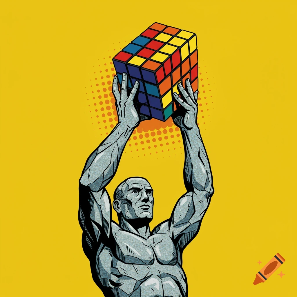 Pop art illustration of a stone man holding a Rubik's cube on a yellow background.