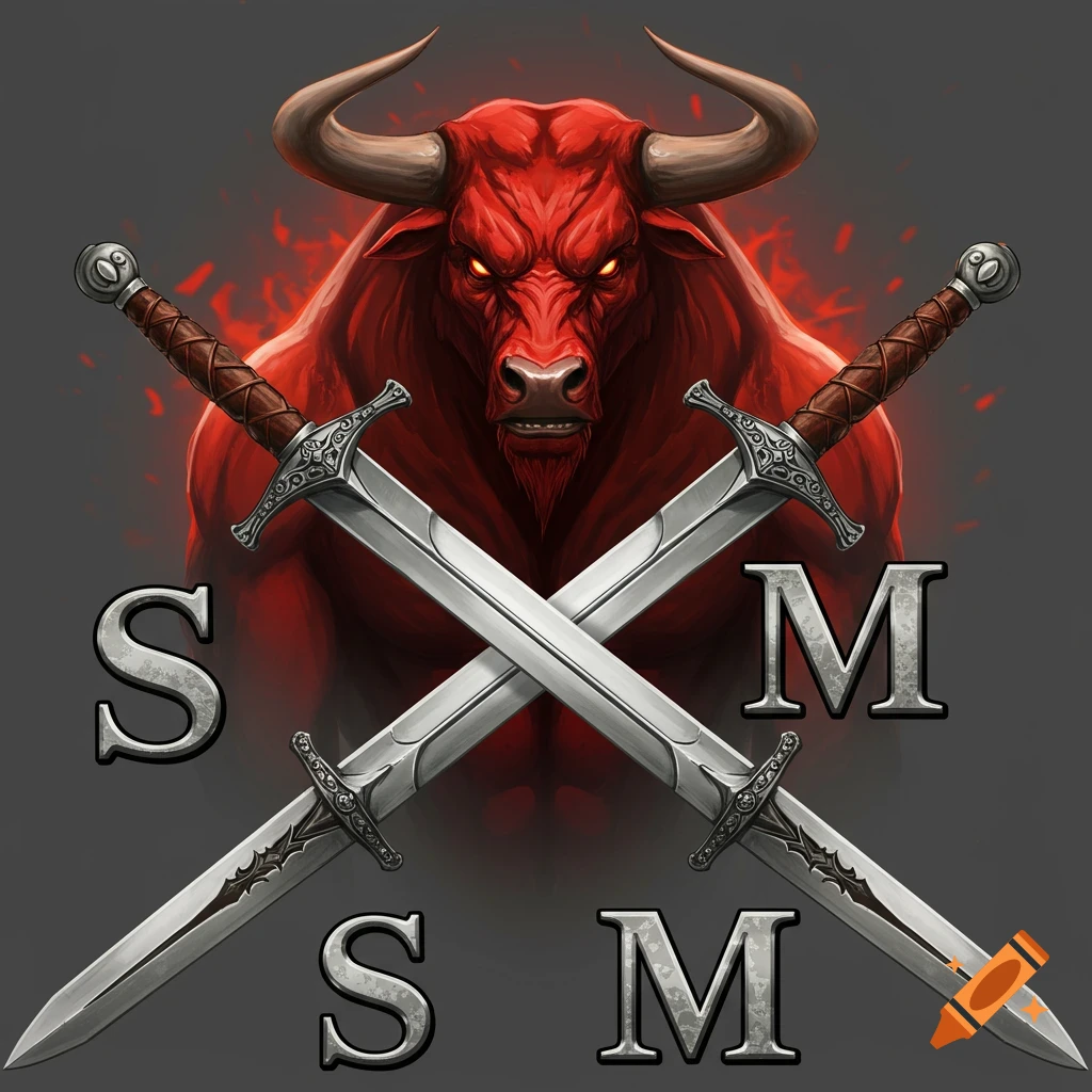 A red bull with crossed swords and the letters S and M.