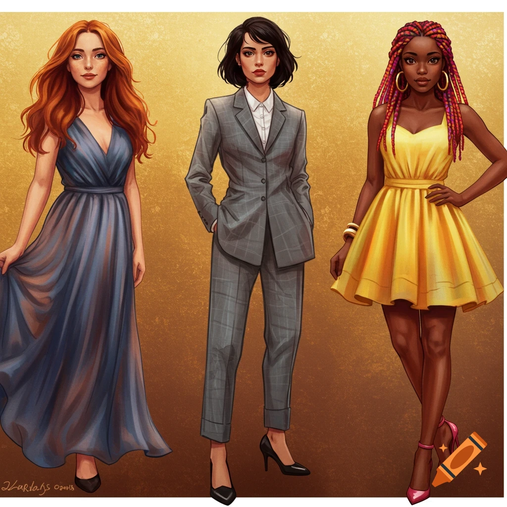 Three women in different outfits: a long blue dress, a grey suit, and a yellow dress.