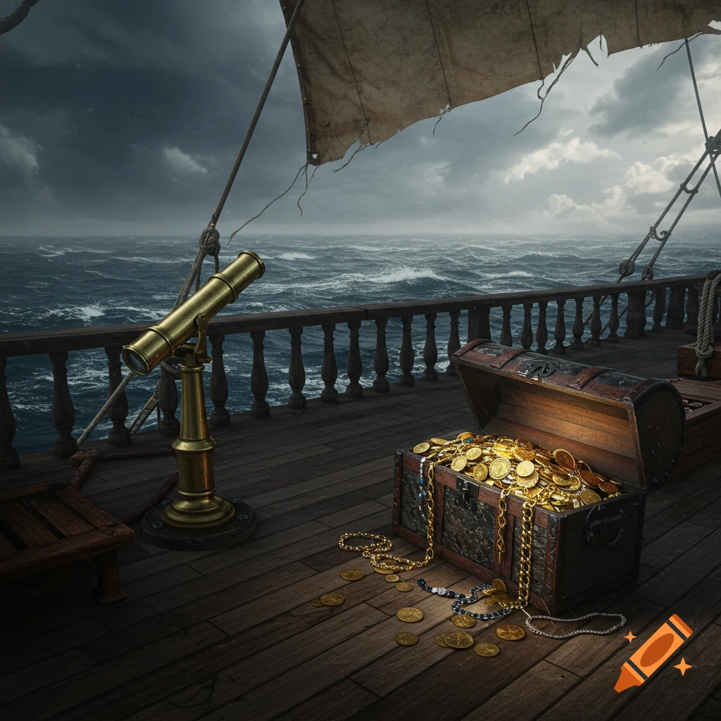 A treasure chest full of gold coins and jewels sits on the deck of an old ship with a telescope, stormy sea in background.