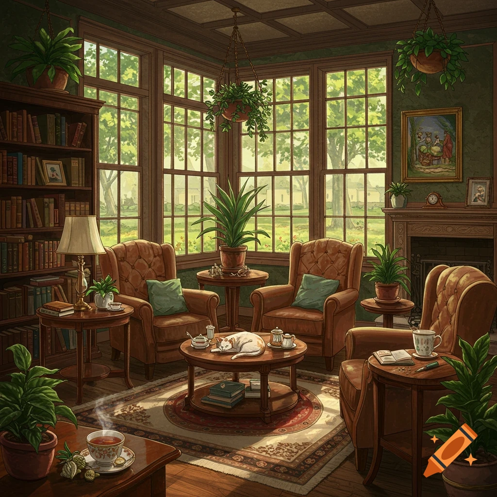 A cozy library room with large windows, comfortable chairs, lush plants, a warm fireplace, and a cat sleeping peacefully on a coffee table.