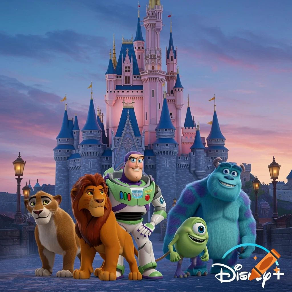 Simba, Nala, Buzz Lightyear, Mike Wazowski, and Sully standing in front of a Disney castle with a Disney+ logo.