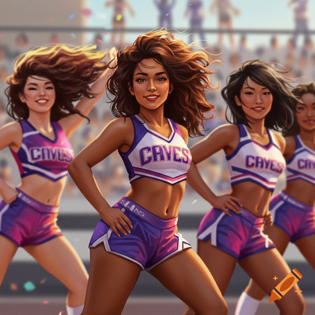 Cheerleaders in purple and white uniforms in a stadium