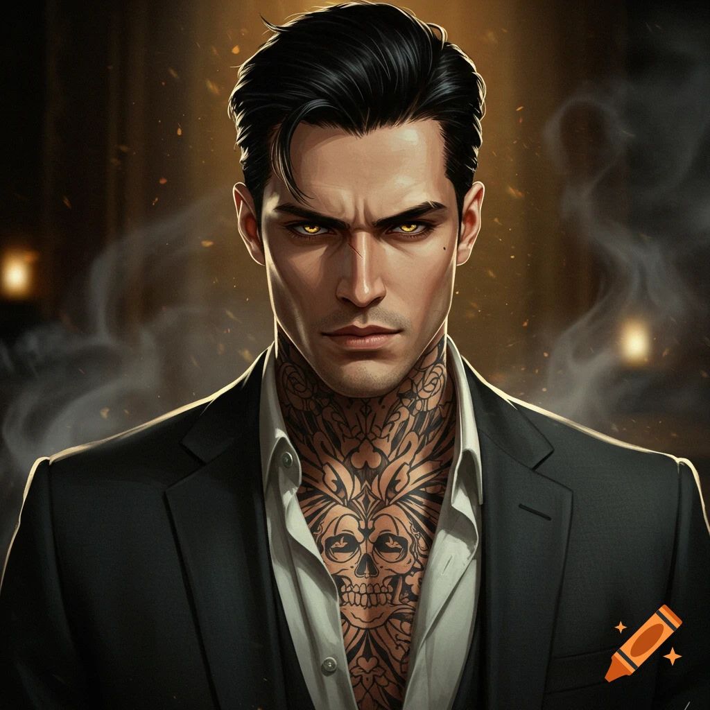 A handsome man with neck and chest tattoos, golden eyes, black hair, wearing a suit jacket over a white shirt.