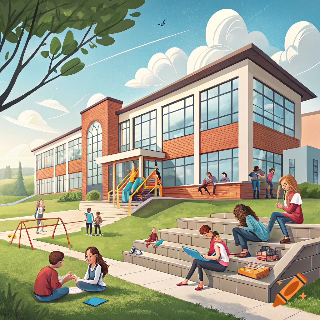 Illustration of a school building with children playing and studying outside.