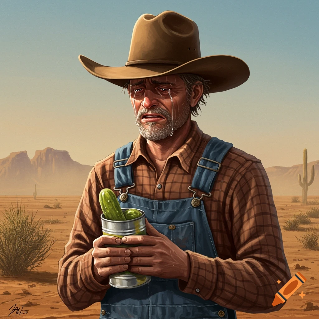 A crying cowboy in a desert holds a can of pickles.