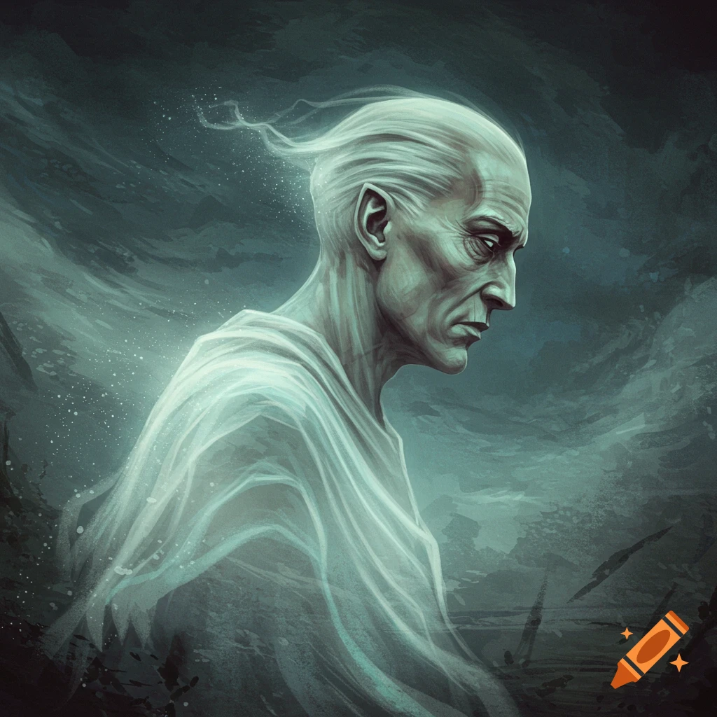 A ghostly figure with ethereal white hair and clothing looking downwards