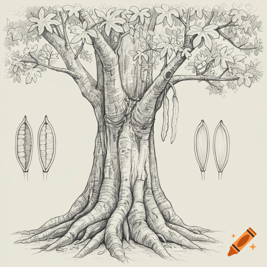 Detailed sketch of a Ceiba tree with large roots, leaves, and seed pods