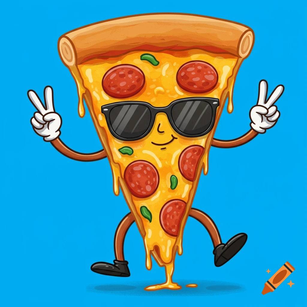 Cartoon illustration of a slice of pepperoni pizza with arms, legs, and sunglasses, giving peace signs.
