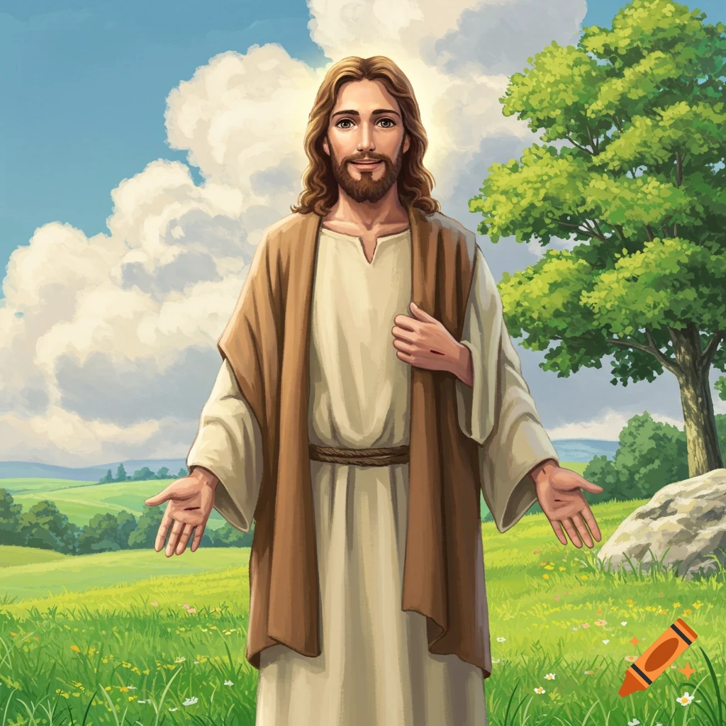 Jesus in a field with outstretched arms.