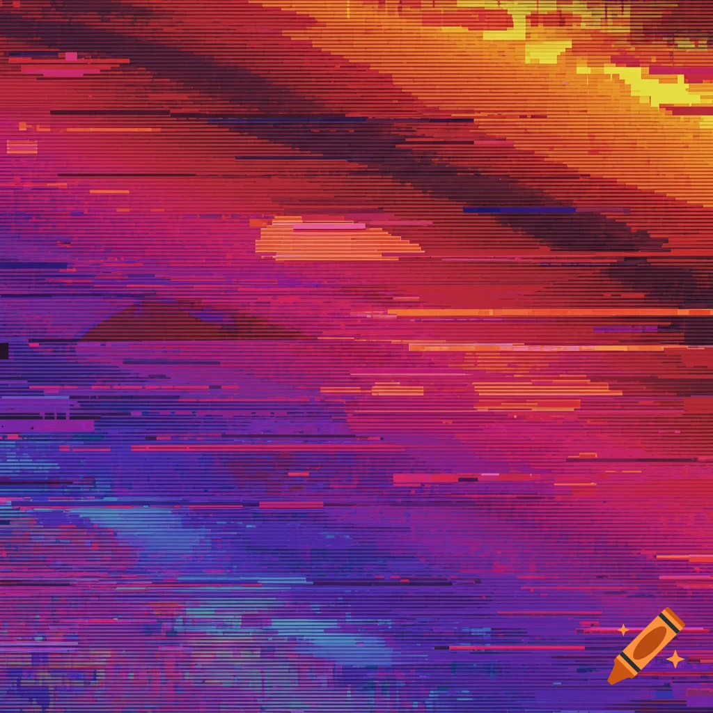 Abstract glitch art background with horizontal lines and orange, pink, purple, and blue colors.