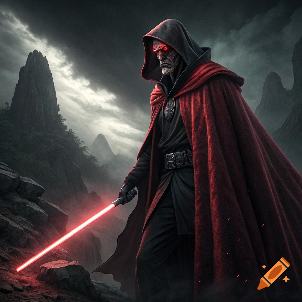 A figure resembling a Sith Lord with red eyes and cape holds a lightsaber in a dark, rocky landscape.