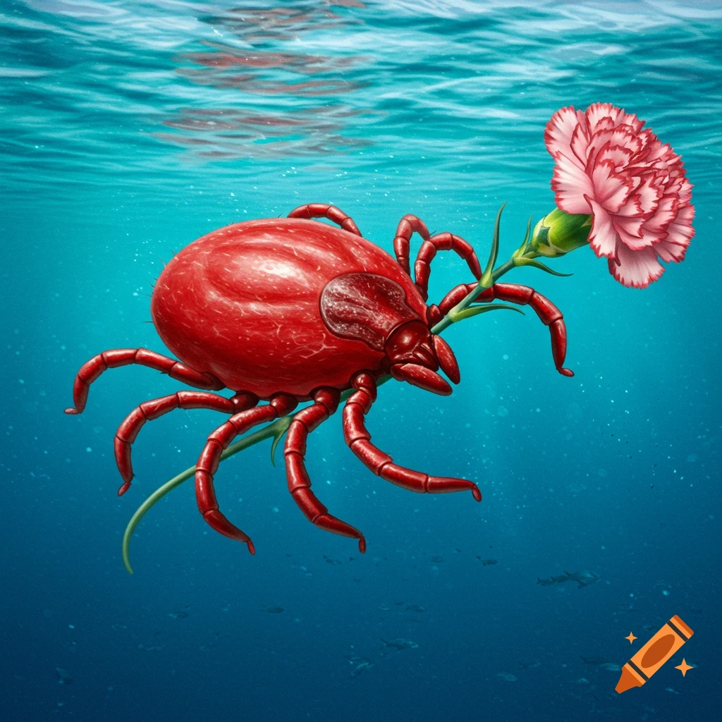 A red tick holding a pink carnation underwater.