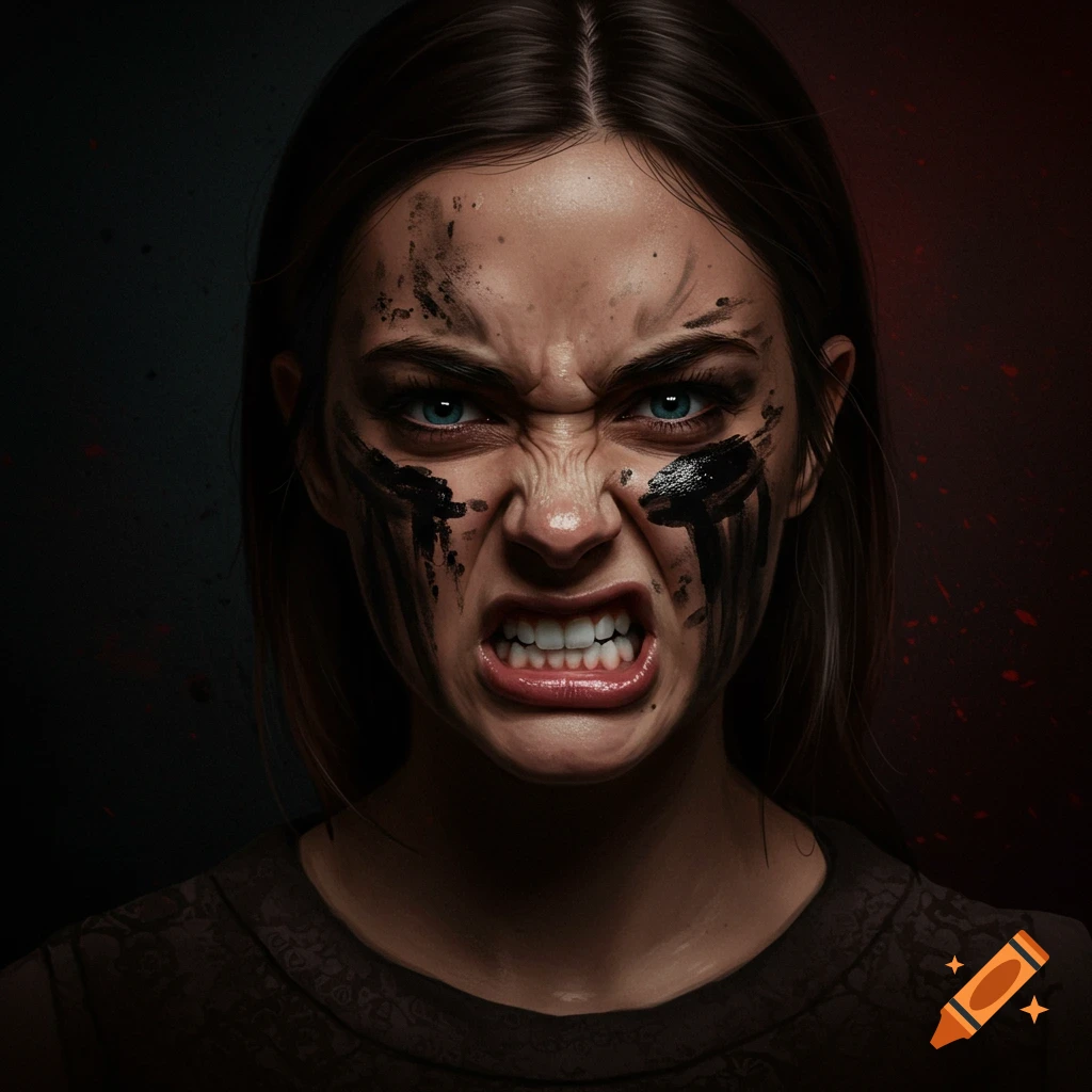 Close-up portrait of a woman with war paint under her eyes, snarling angrily.