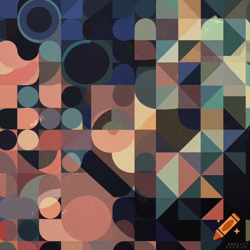 An abstract geometric pattern shifting from circles to squares to triangles in muted tones.