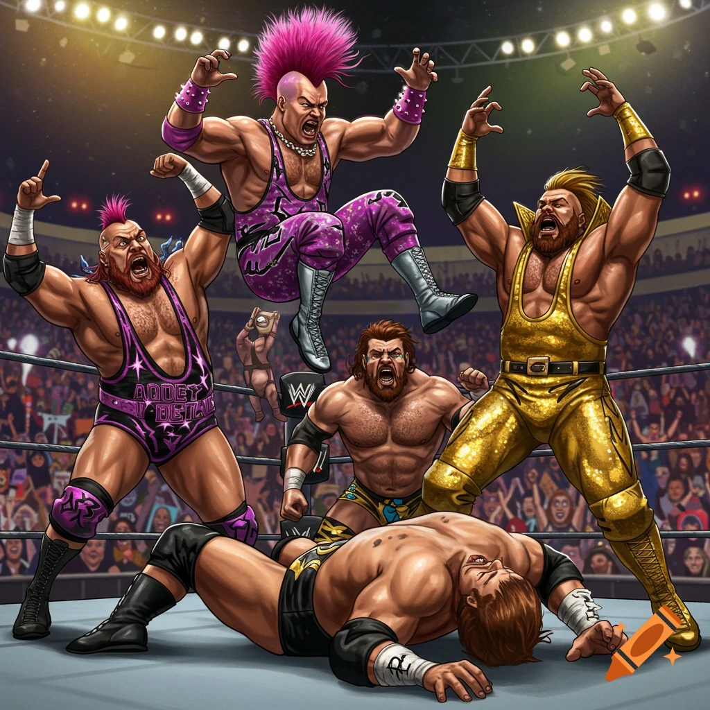 Digital illustration of flamboyant pro wrestlers in a wrestling ring