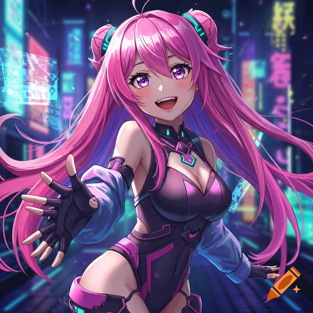 Anime girl with long pink hair in a purple outfit smiles and reaches out in a neon cyberpunk city at night.