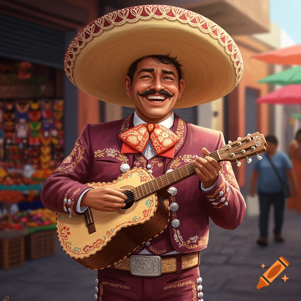 A smiling mariachi musician playing a guitar in a marketplace.