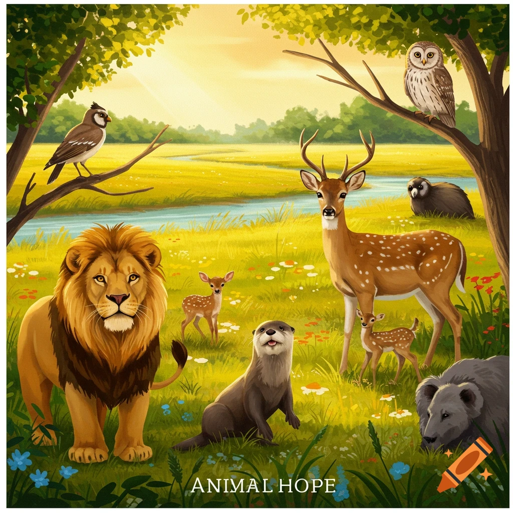 A lion, deer, otter, bear, and birds in a sunny meadow with 'ANIMAL HOPE' text.