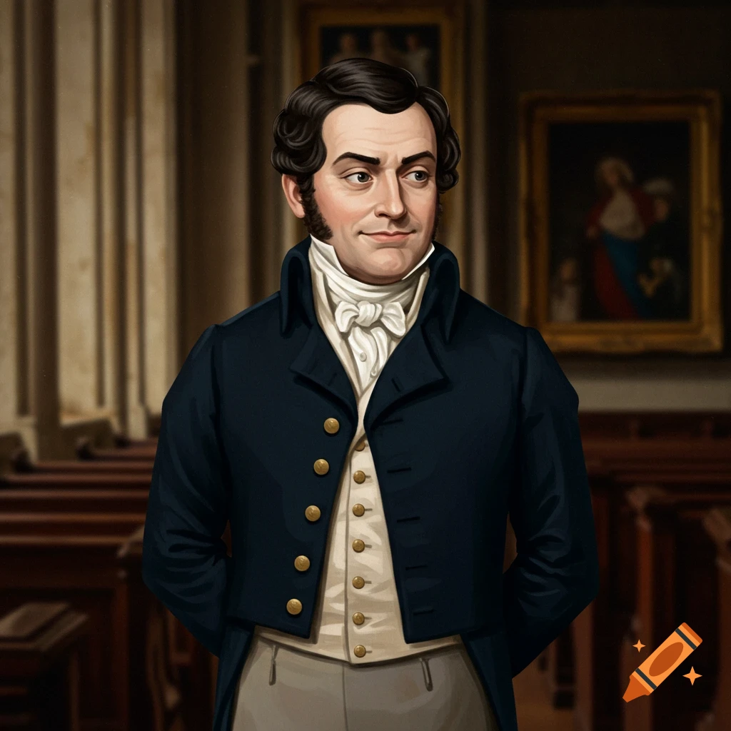 A man in a dark blue tailcoat and white cravat is standing indoors.