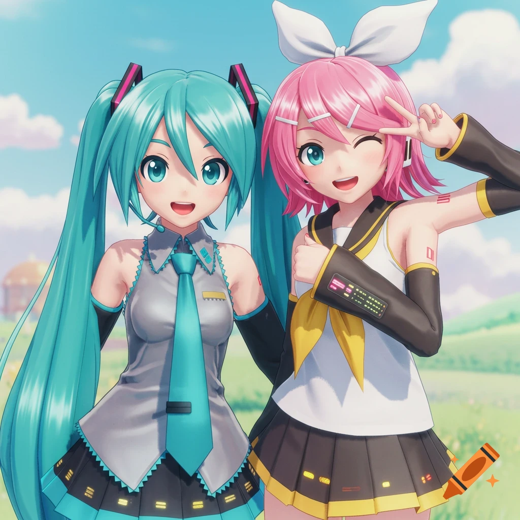 Hatsune Miku and Kagamine Rin pose outdoors on a sunny day