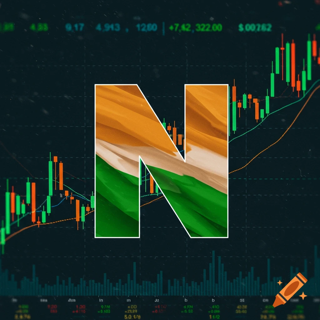 Capital letter N with Indian flag texture over a stock market chart background.