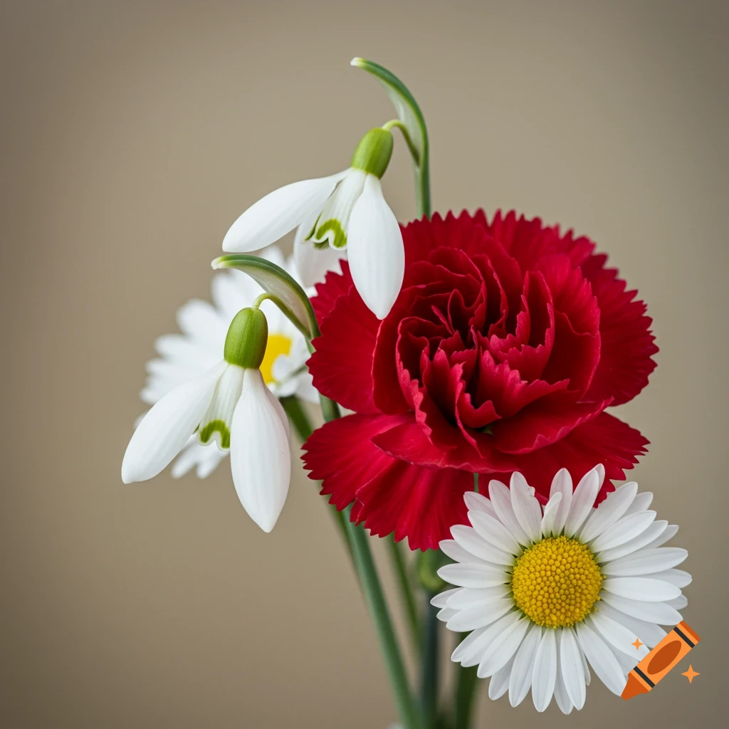 A close-up photo of a red carnation, white snowdrops, and a white daisy.