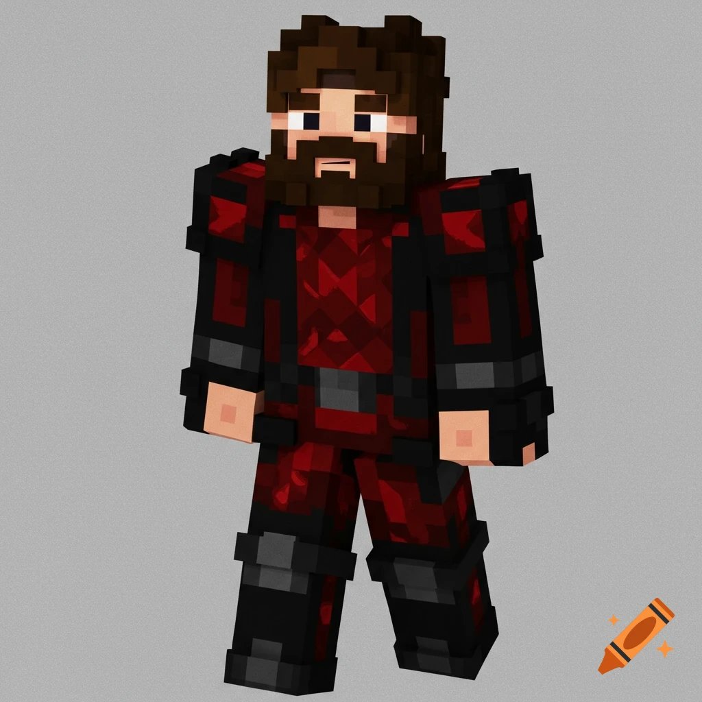 A male Minecraft skin with a beard wearing red and black medieval-style armor.