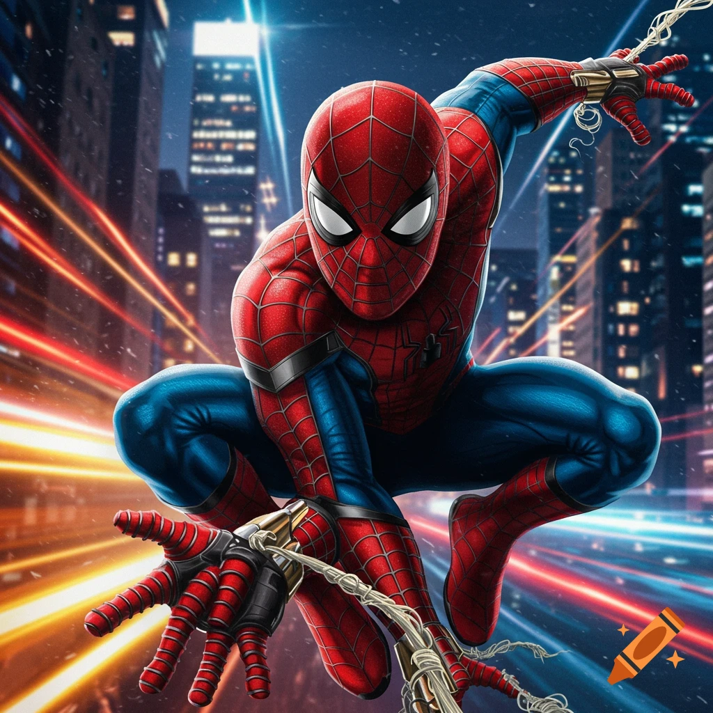 Spider-Man in a dynamic pose swinging through a city at night.