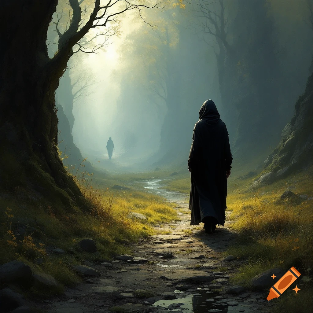A figure in a dark cloak walks down a misty path through a forest, with another figure in the distance.