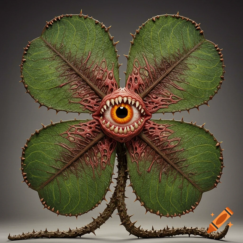 Grotesque monster four-leaf clover with a central eye, teeth, thorny stems, and fleshy texture in a realistic style.
