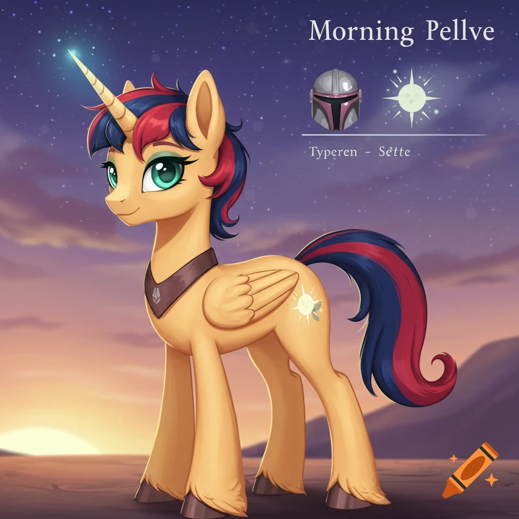 A cartoon unicorn pony with a golden sand coat, red and blue mane, green eyes, neck collar, wings, and a sun cutie mark.