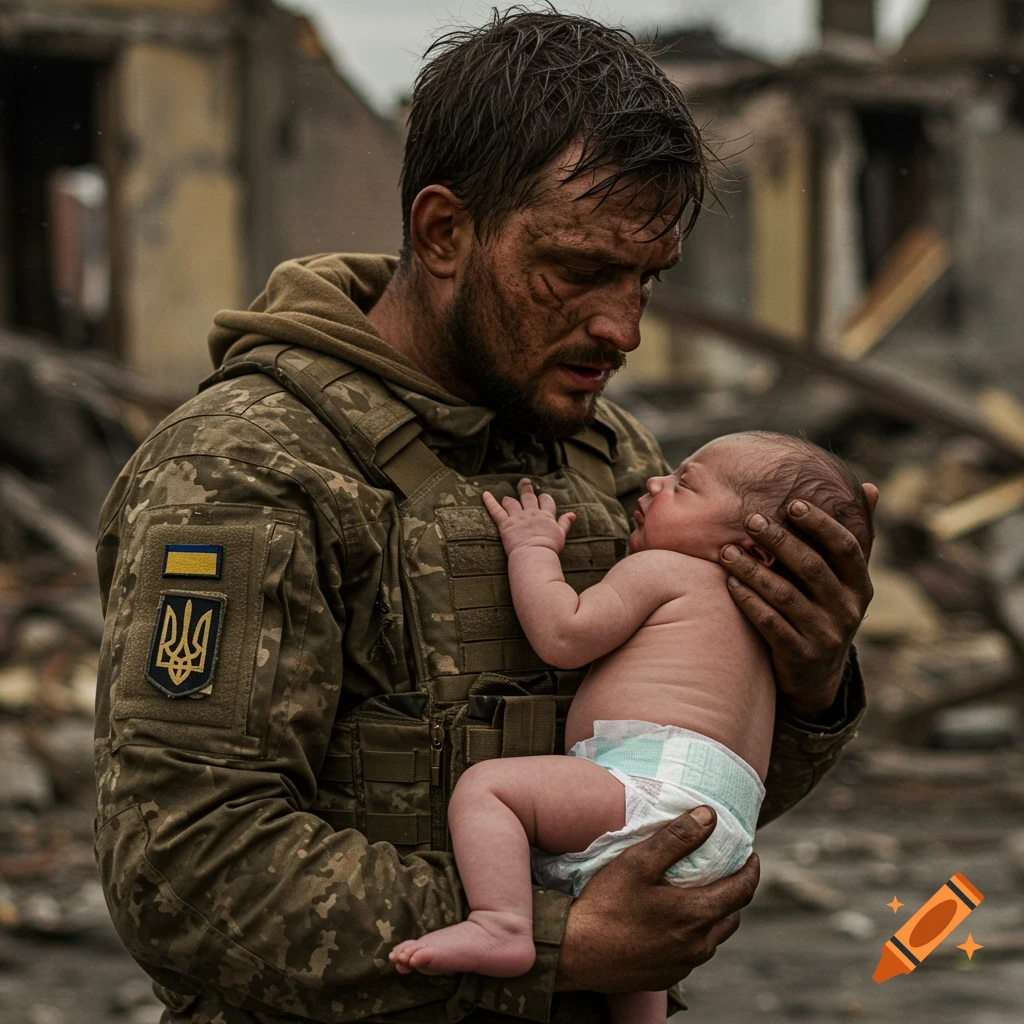 A Ukrainian soldier holds a baby in a ruined city, face showing exhaustion and tenderness. Photorealistic style.