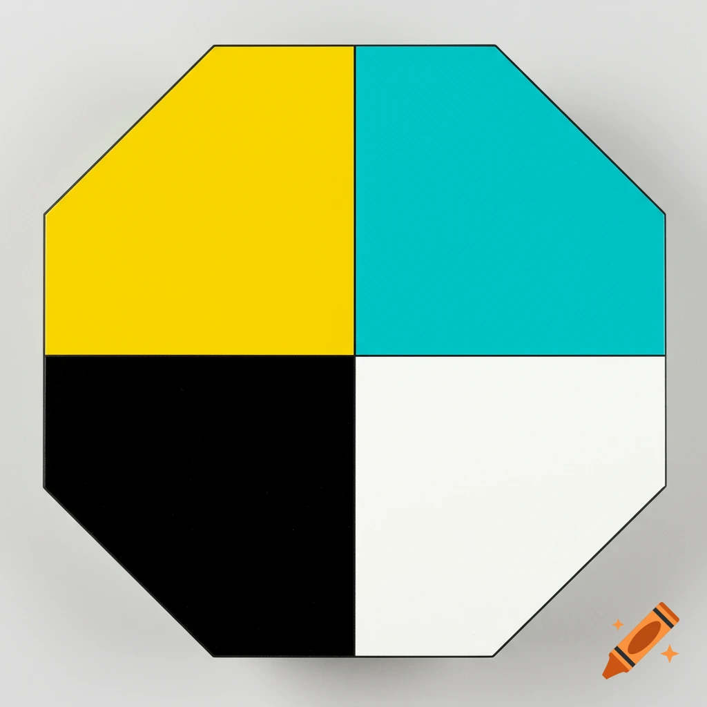 An octagon divided into four colored sections: yellow, turquoise, black, and white.