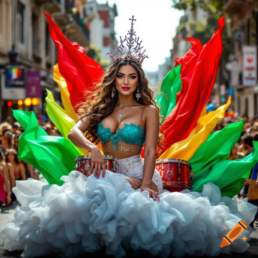 Woman on a colorful parade float with drums and flags in a crowded street.