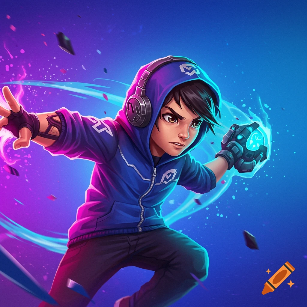A young character in a hoodie is casting blue energy with headphones and glowing effects.