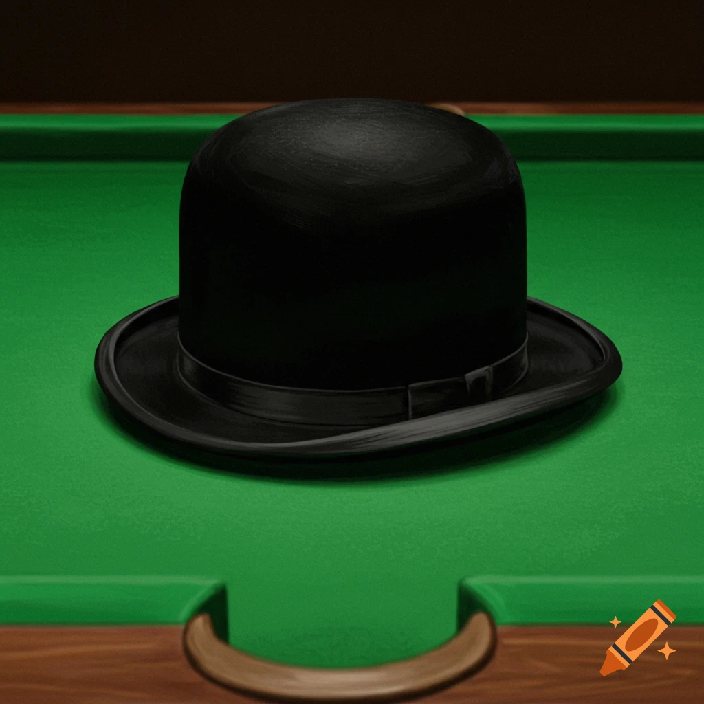 A black bowler hat sits on a green pool table.