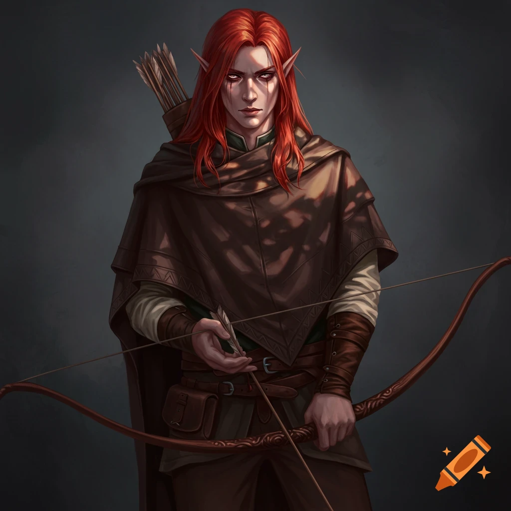 A red-haired elf archer wearing a brown cloak and holding a bow and arrow.