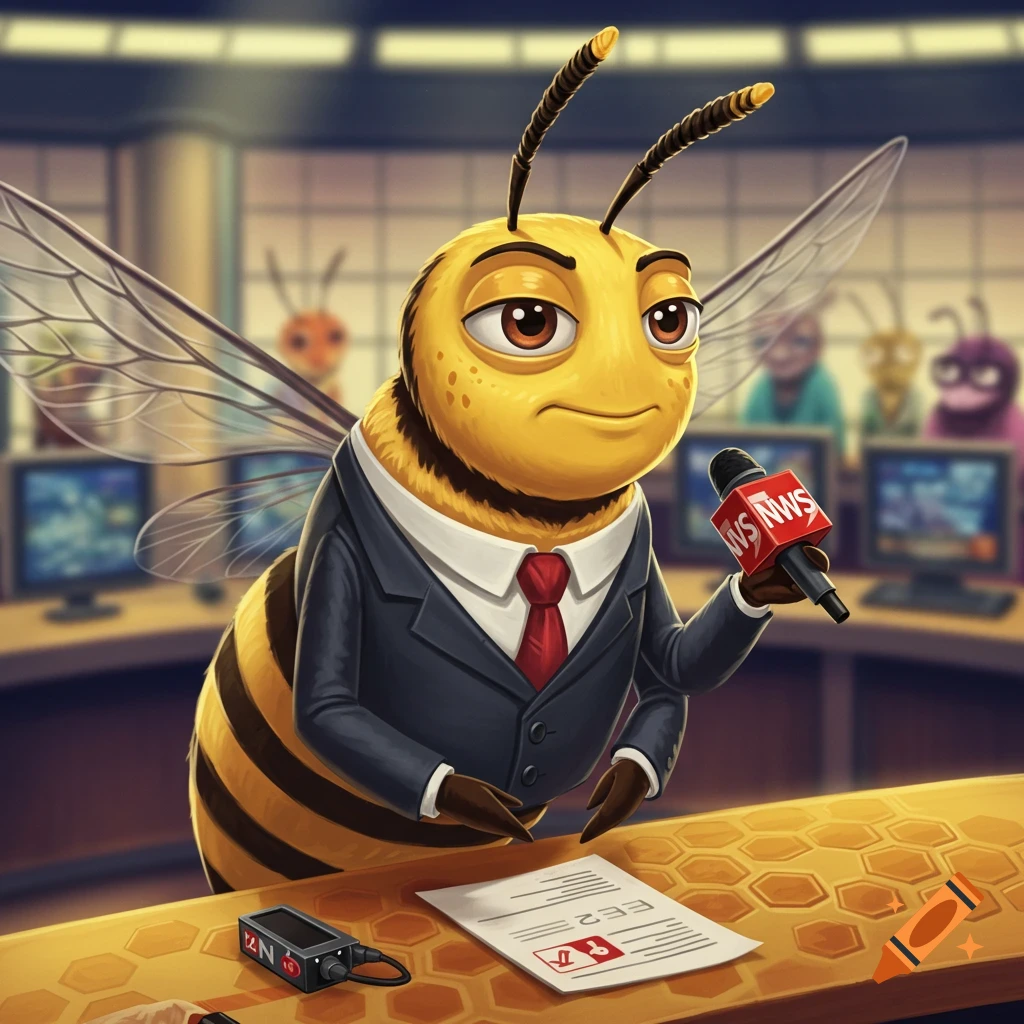 A cartoon bee news anchor in a suit, holding a microphone at a desk in a news studio.